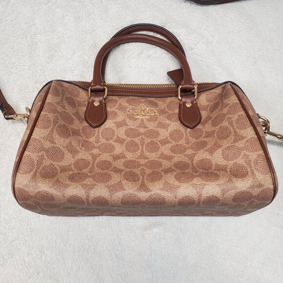 Coach Rowan Satchel Brown Cream Tan Classic Logo Canvas Shoulder Bag CV961 - Picture 7 of 14